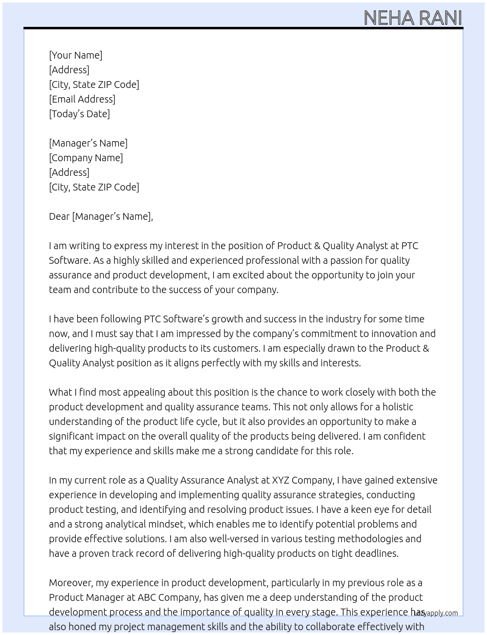 Product & Quality Analyst At PTC Software Cover Letter