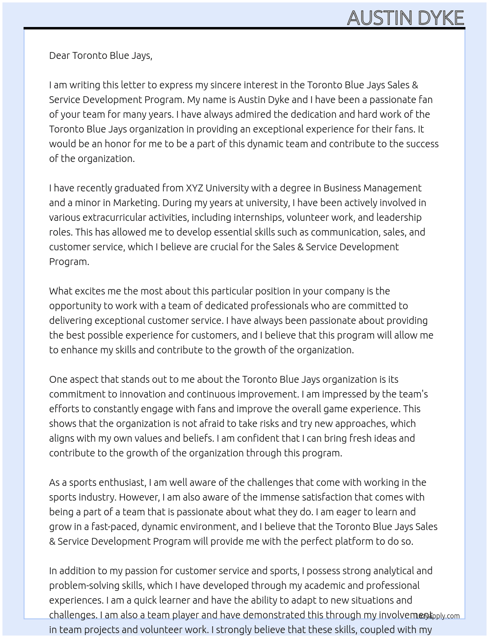 Toronto Blue Jays - Sales & Service Development Program At Toronto Blue Jays Cover Letter