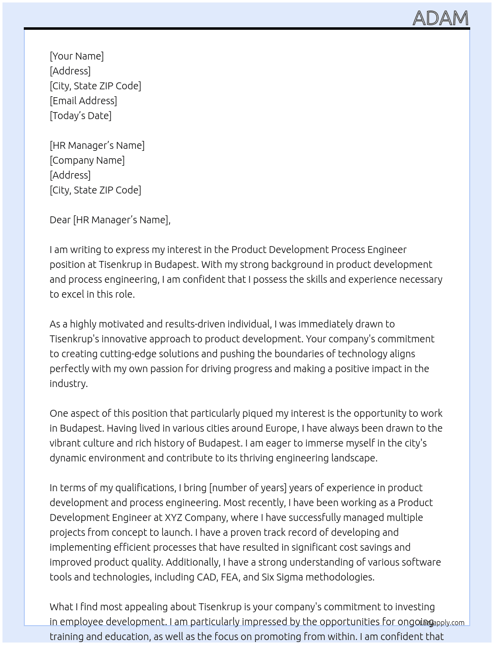 Product development process engineer At Tisenkrup Cover Letter
