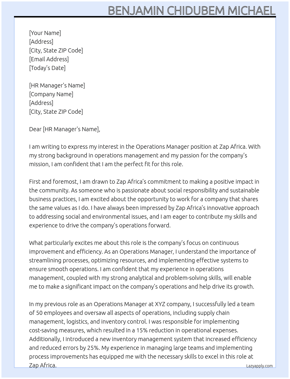 Operations manager At Zap Africa Cover Letter