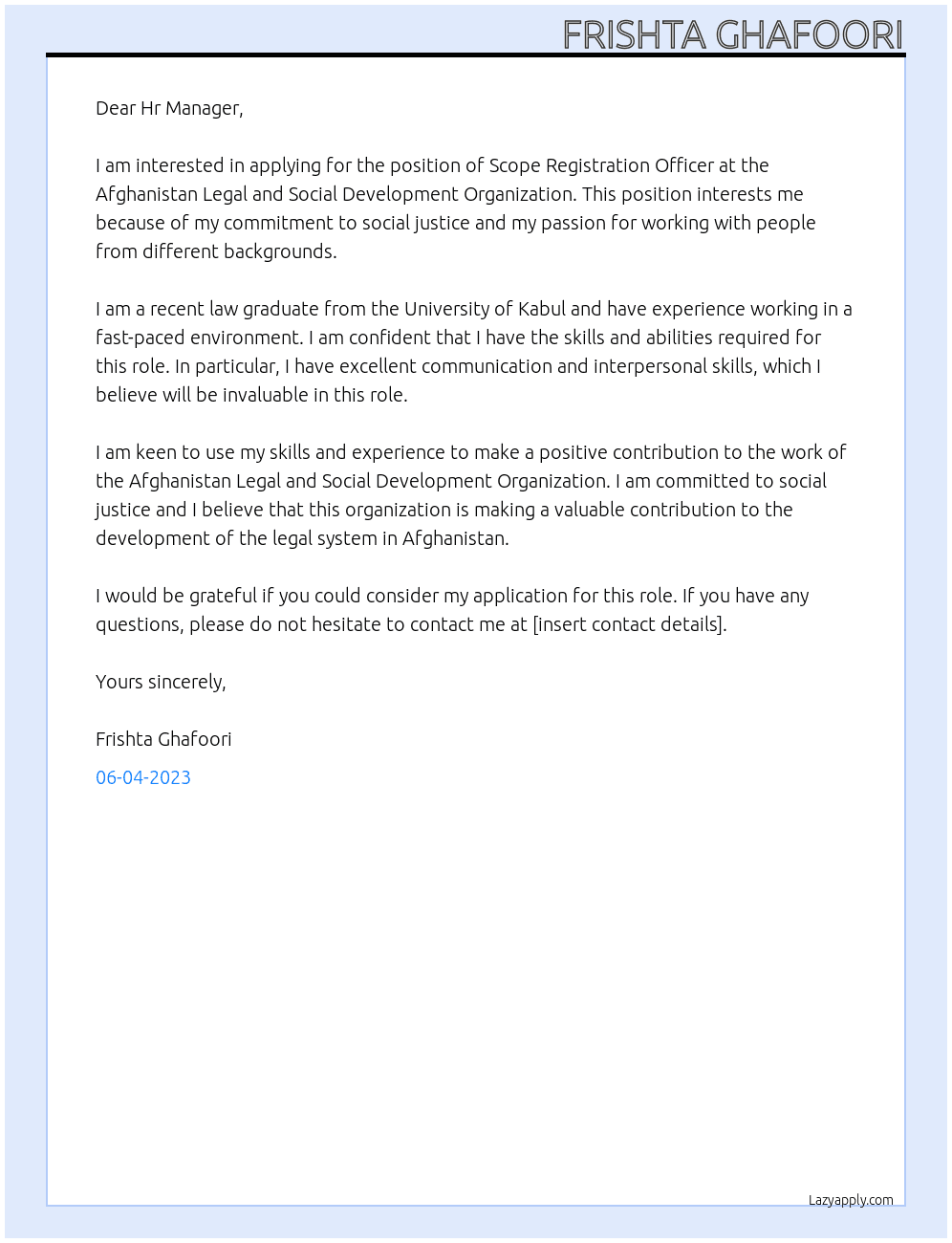 Scope Registration Officer At Afghanistan Legal and Social Development Organization Cover Letter