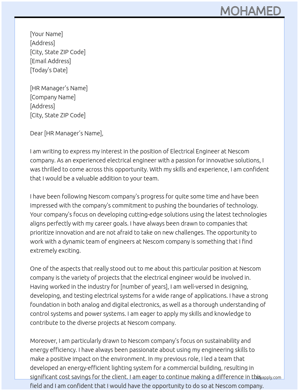 Electrical engineer  At Nescom company  Cover Letter