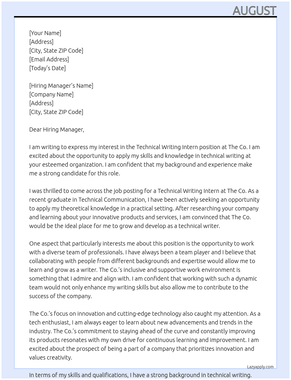 technical writing intern At The Co.  Cover Letter