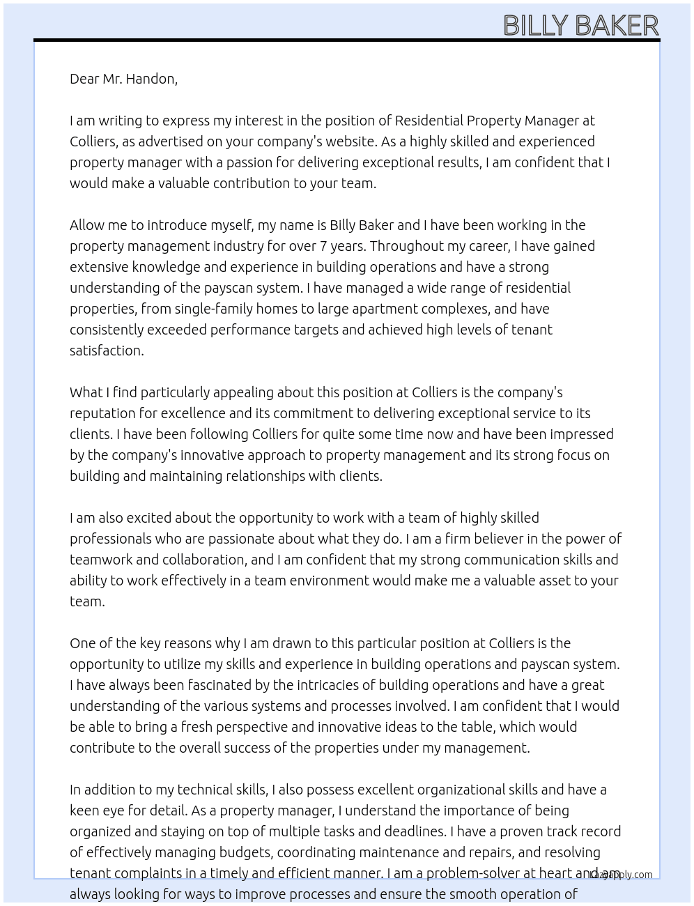 Residential Property Manager At Colliers Cover Letter