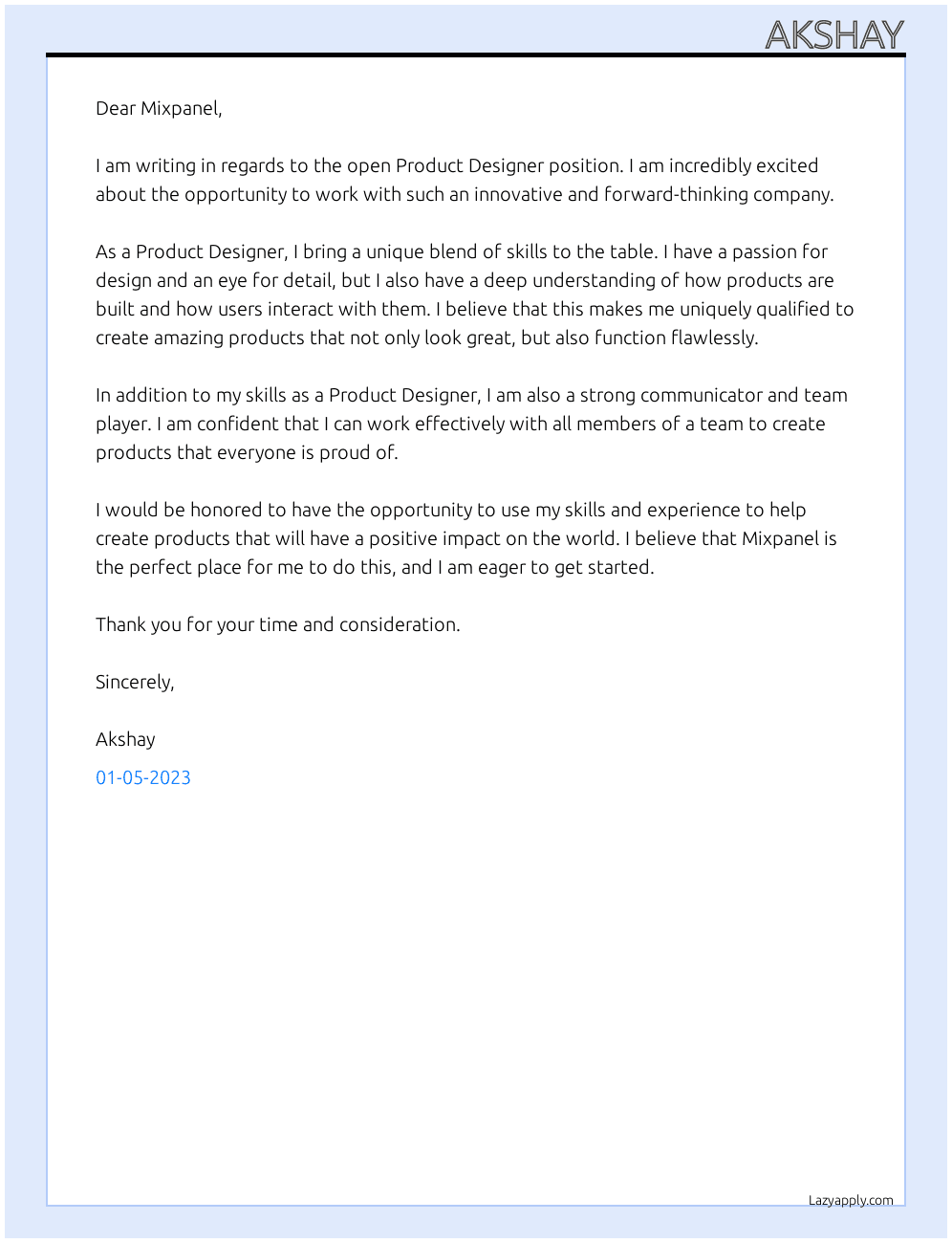Product Designer At Mixpanel Cover Letter