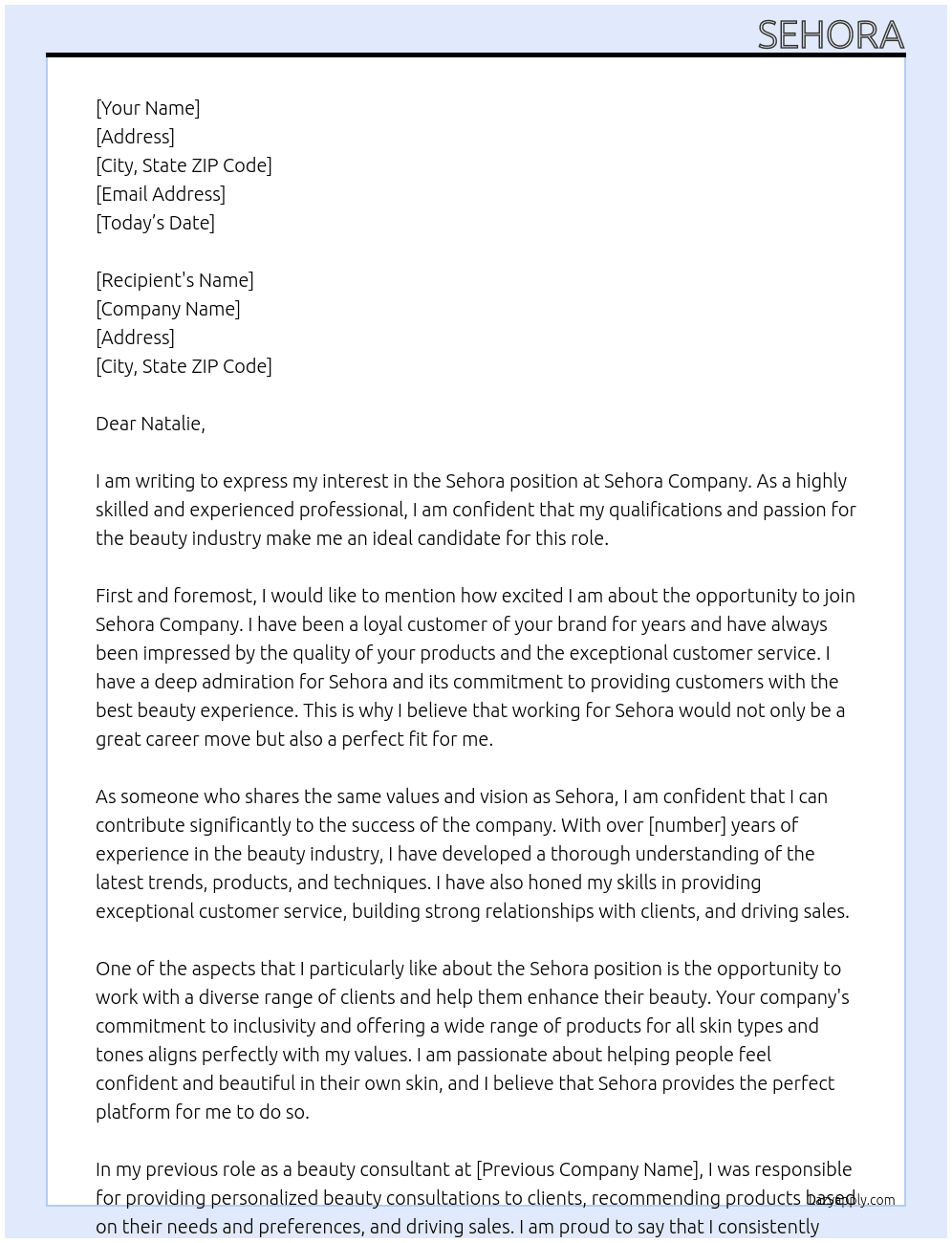 sehora At sehora Cover Letter