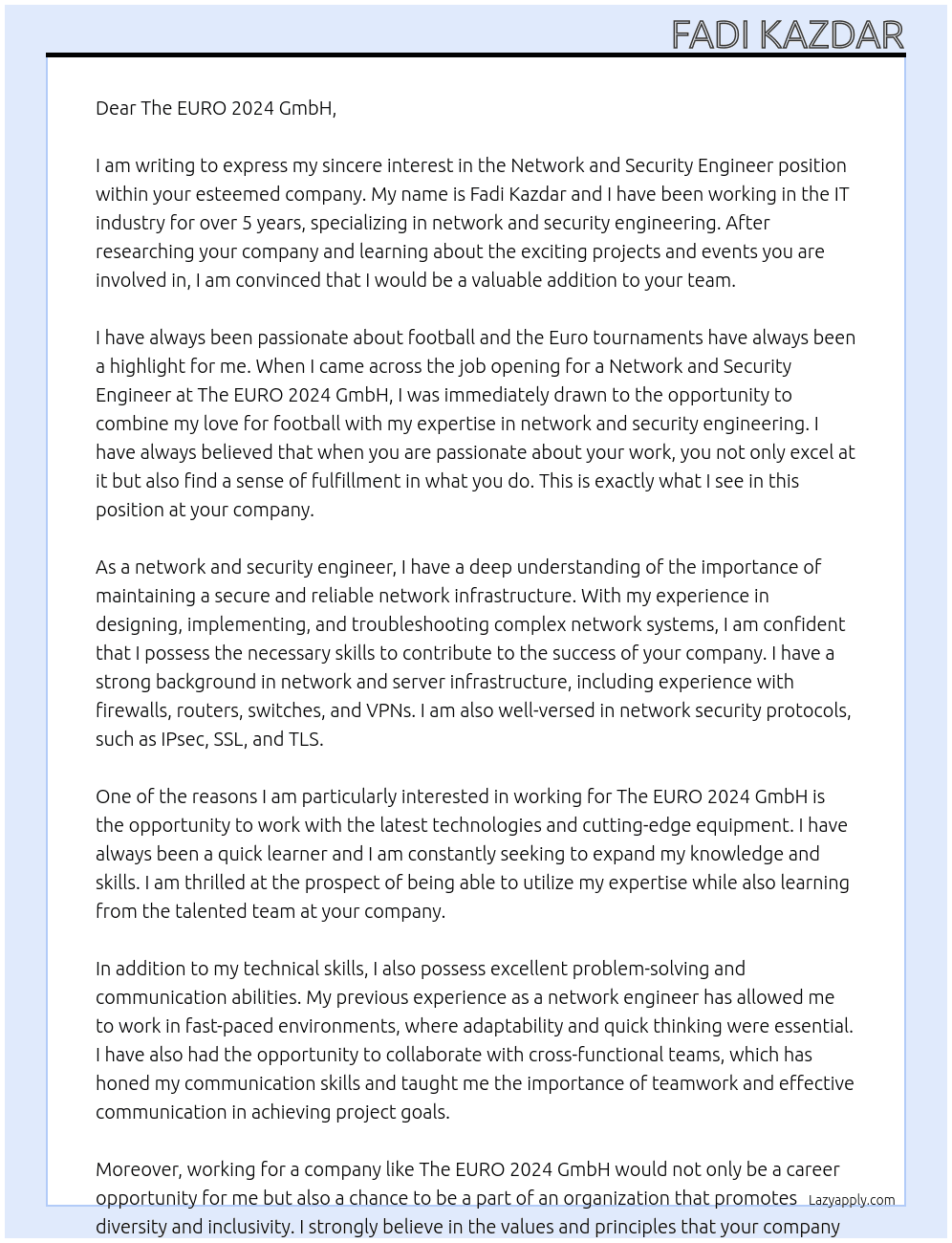 Network and Security Engineer At The EURO 2024 GmbH Cover Letter