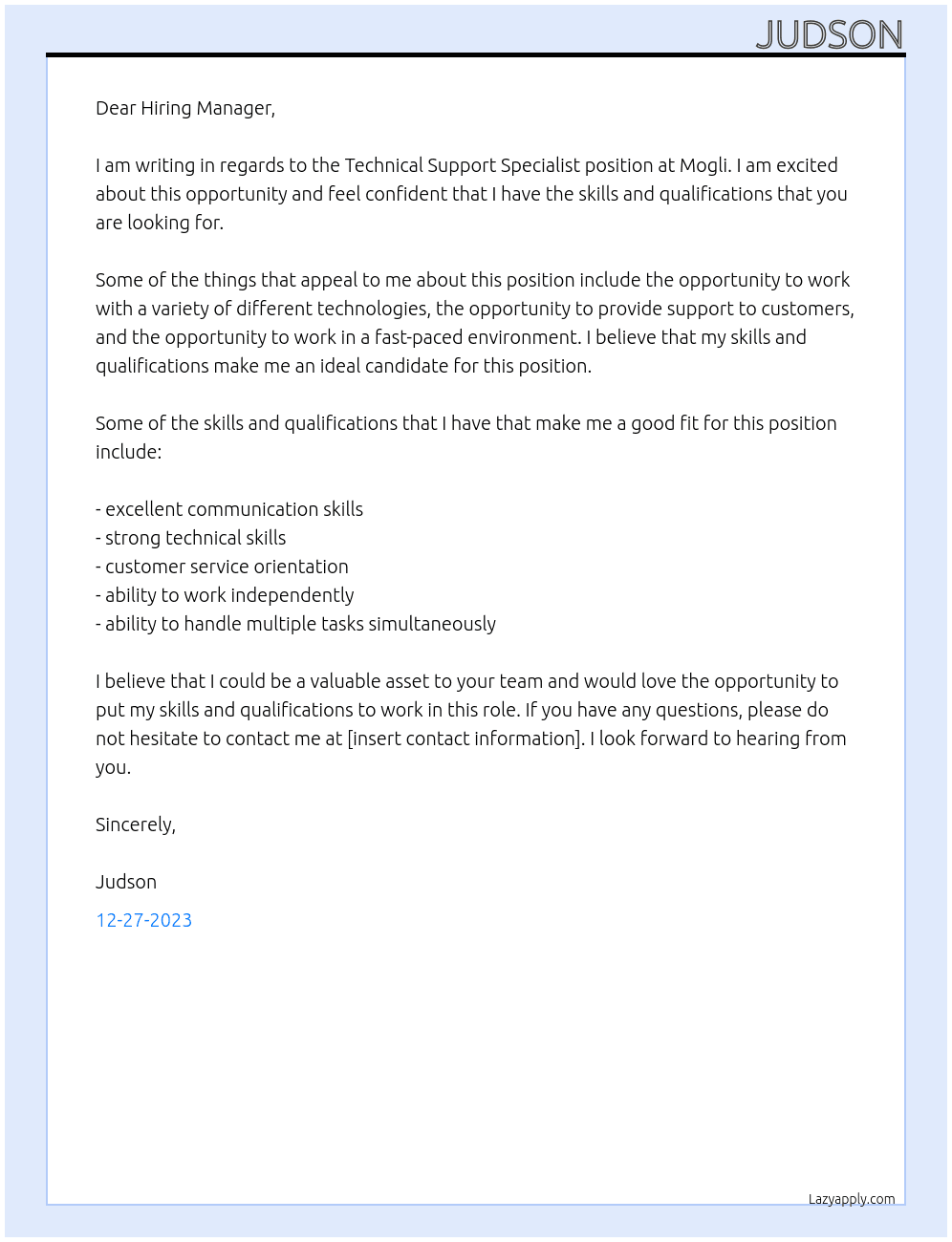 Technical Support Specialist At Mogli Cover Letter