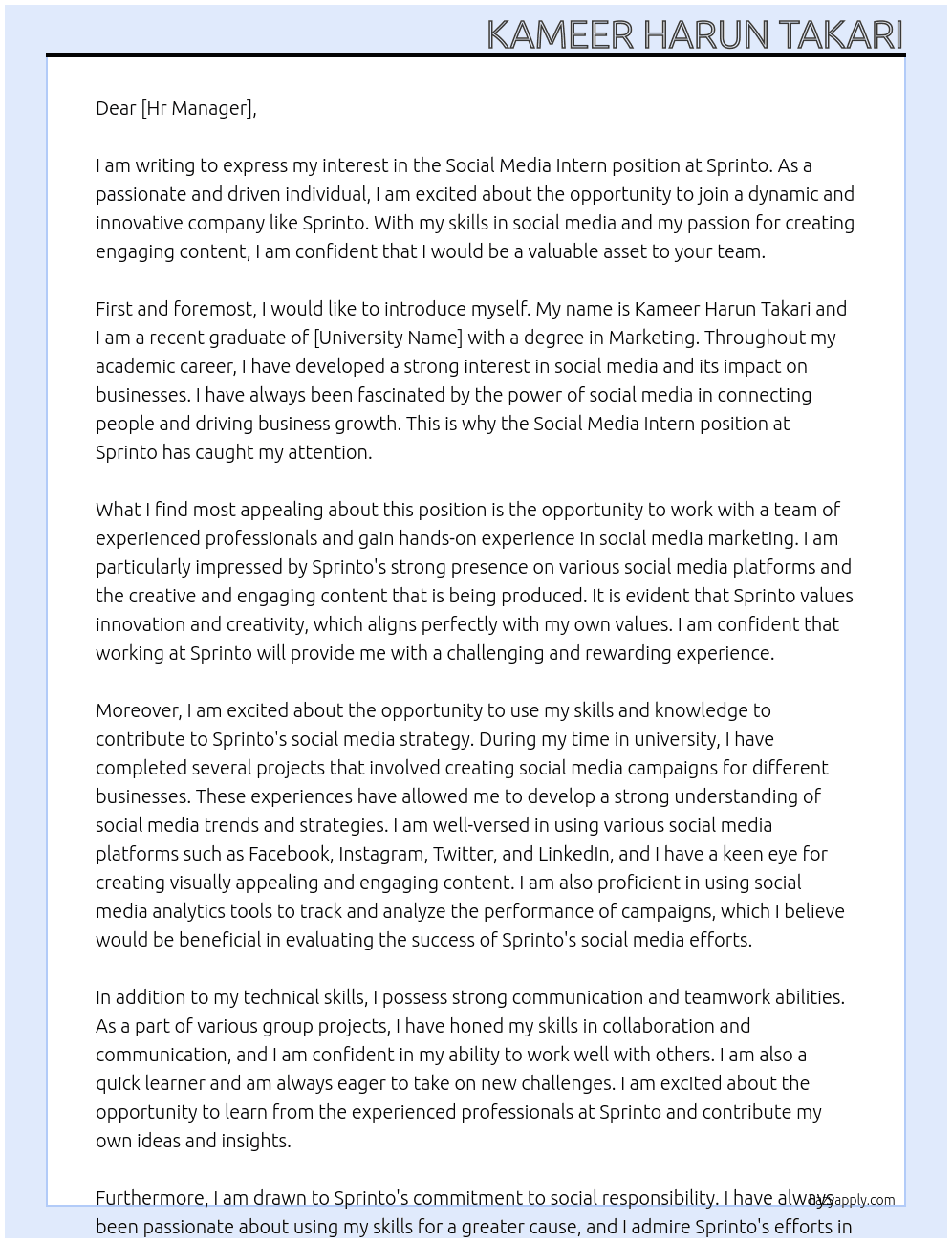 Social media intern At Sprinto Cover Letter