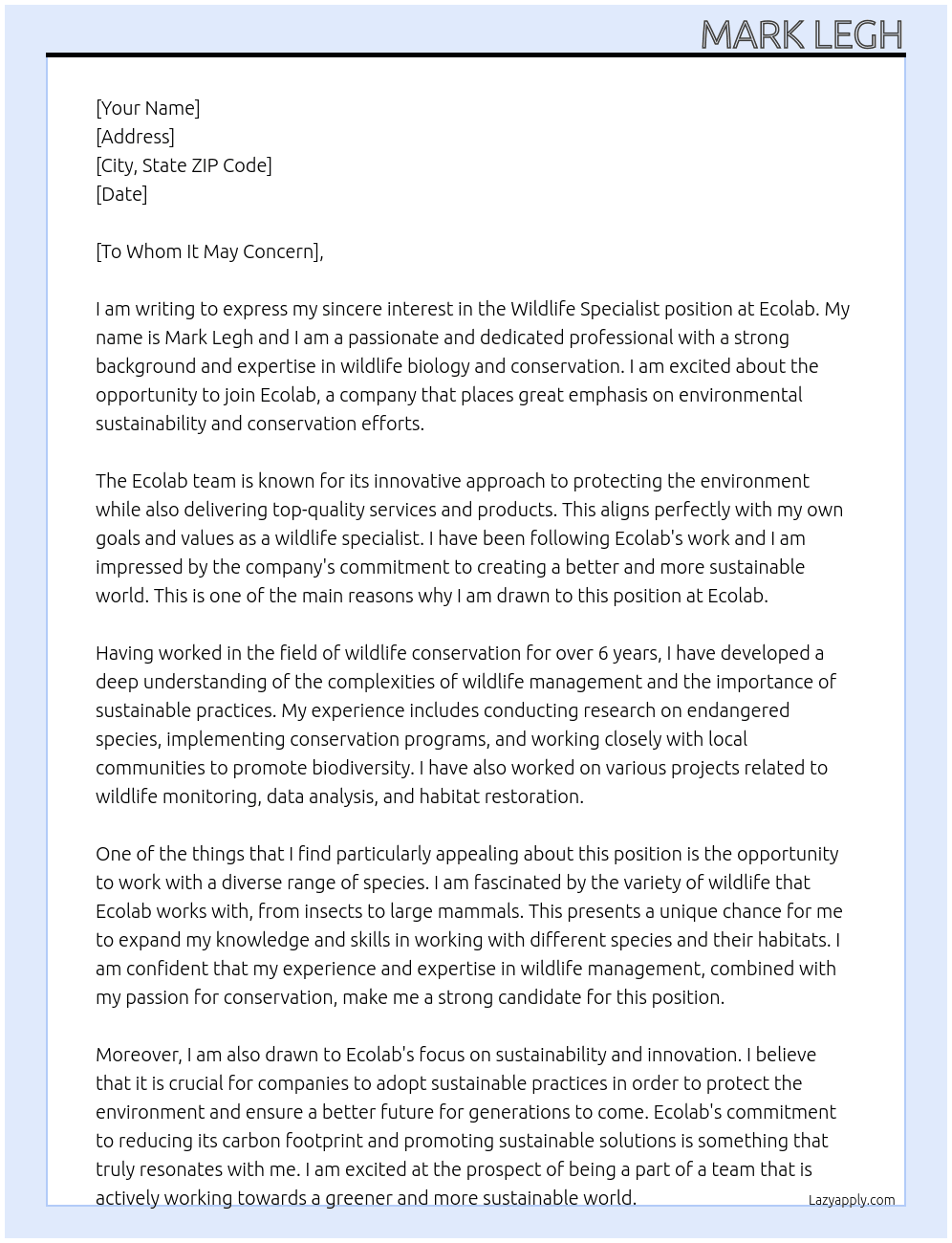 Wildlife specialist At Ecolab Cover Letter