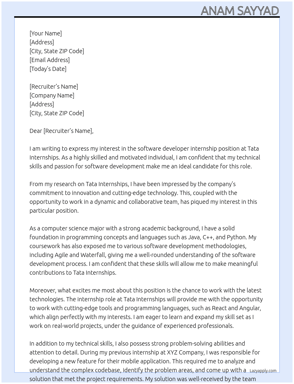 software developer  At Tata Internships Cover Letter