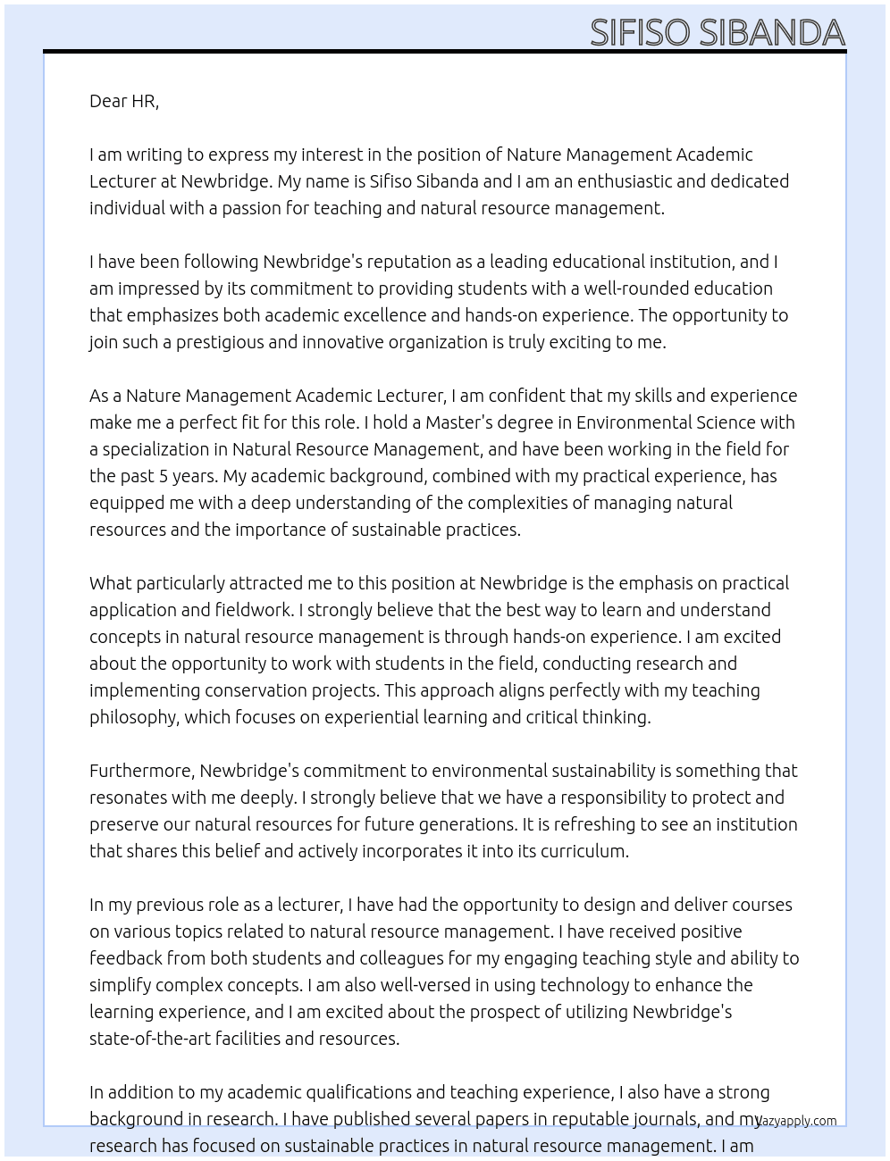 Nature Management Academic Lecturer At Newbridge Cover Letter
