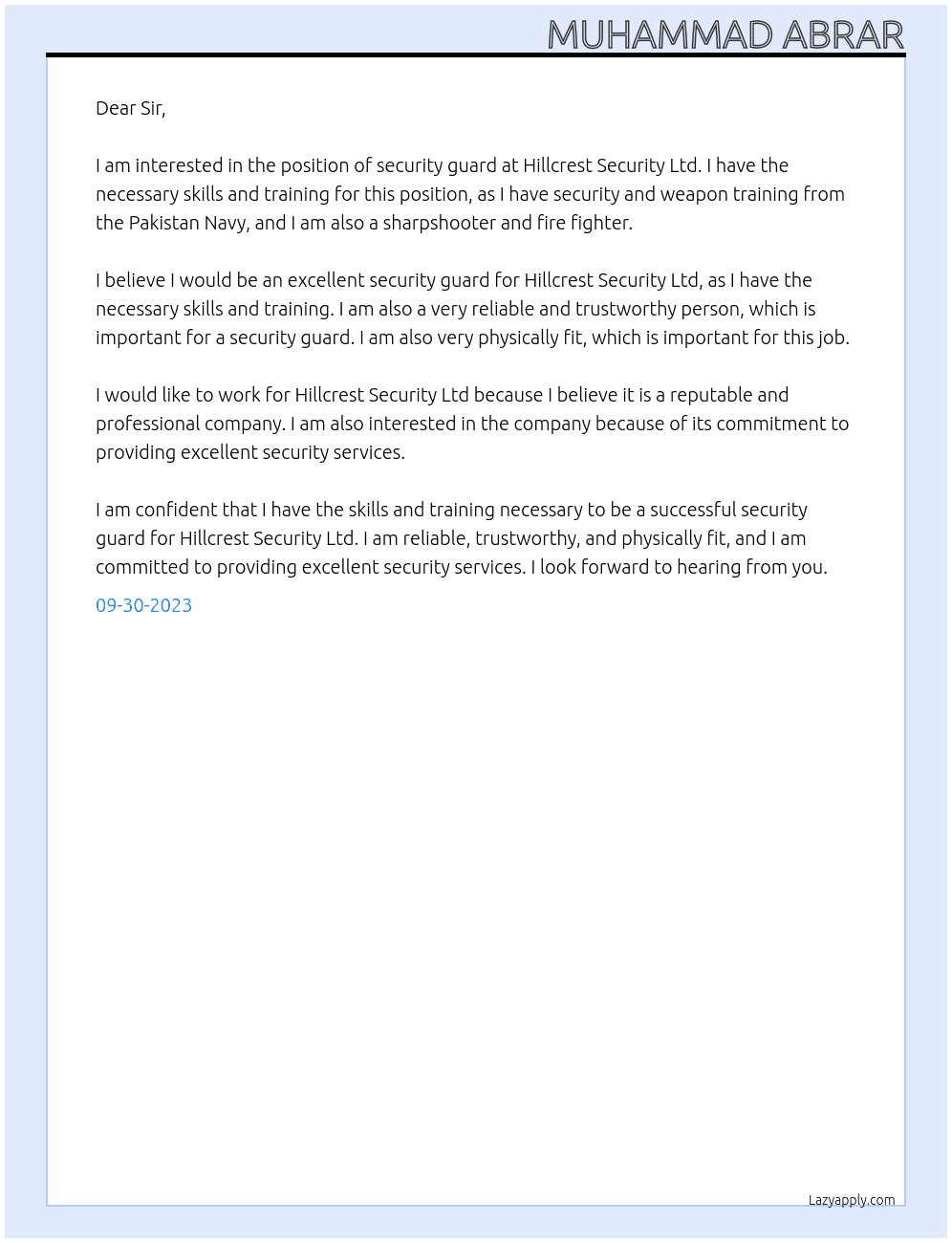 Security Guard At Hillcrest Security Ltd Cover Letter