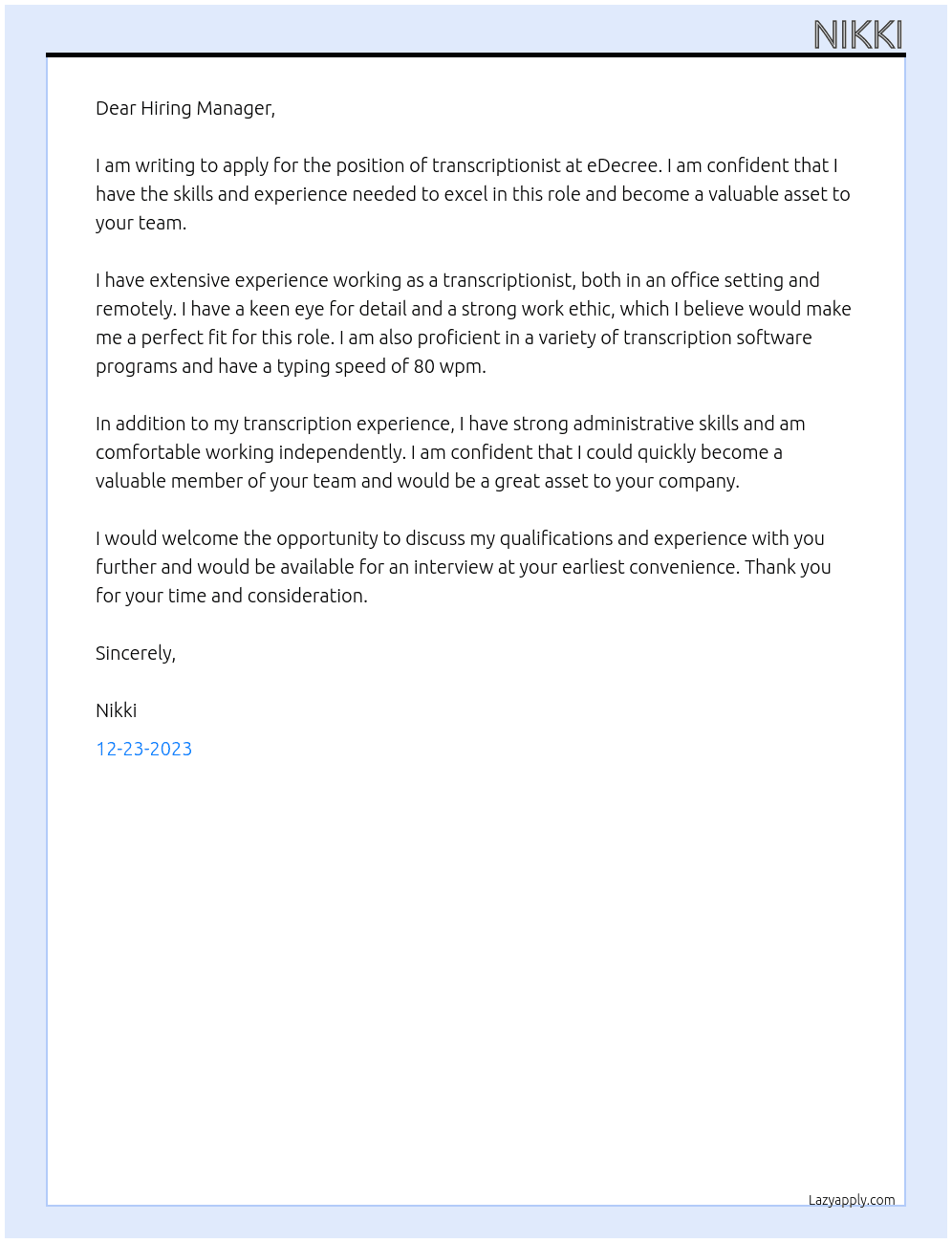 Transcriptionist At eDecree Cover Letter