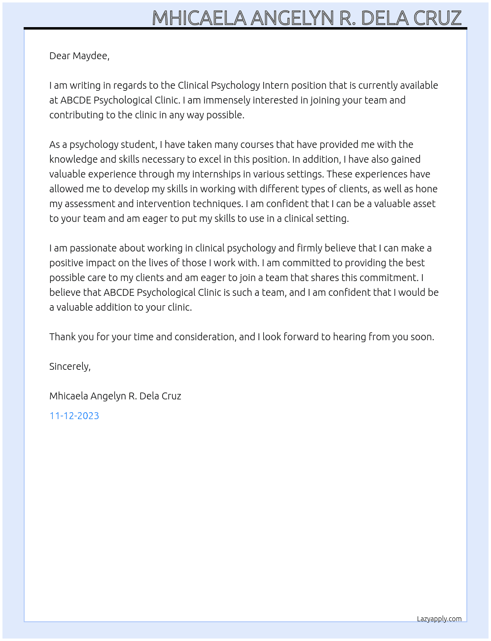 Clinical Psychology Intern At ABCDE Psychological Clinic Cover Letter