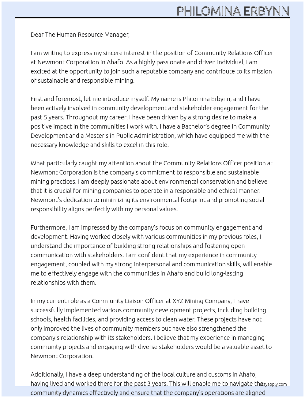 Community Relations Officer  At Newmont Corporation Cover Letter