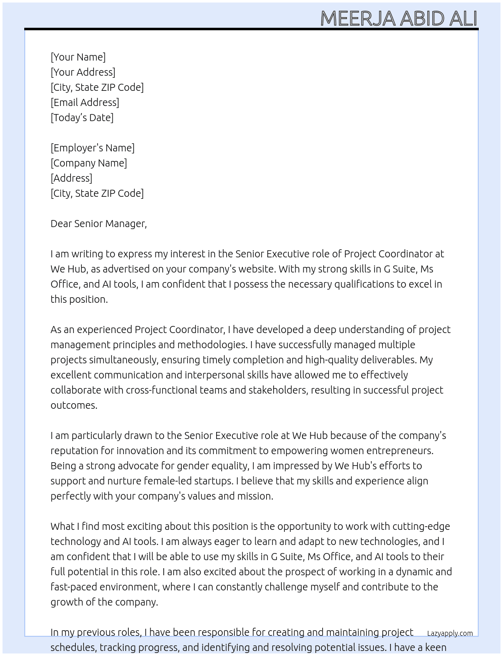 Project coordinator  At We hub Cover Letter