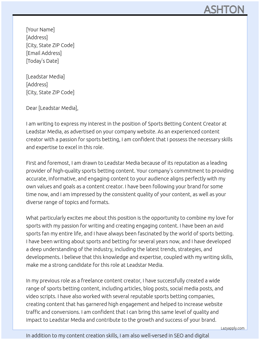 Sports betting content creator  At Leadstar media  Cover Letter