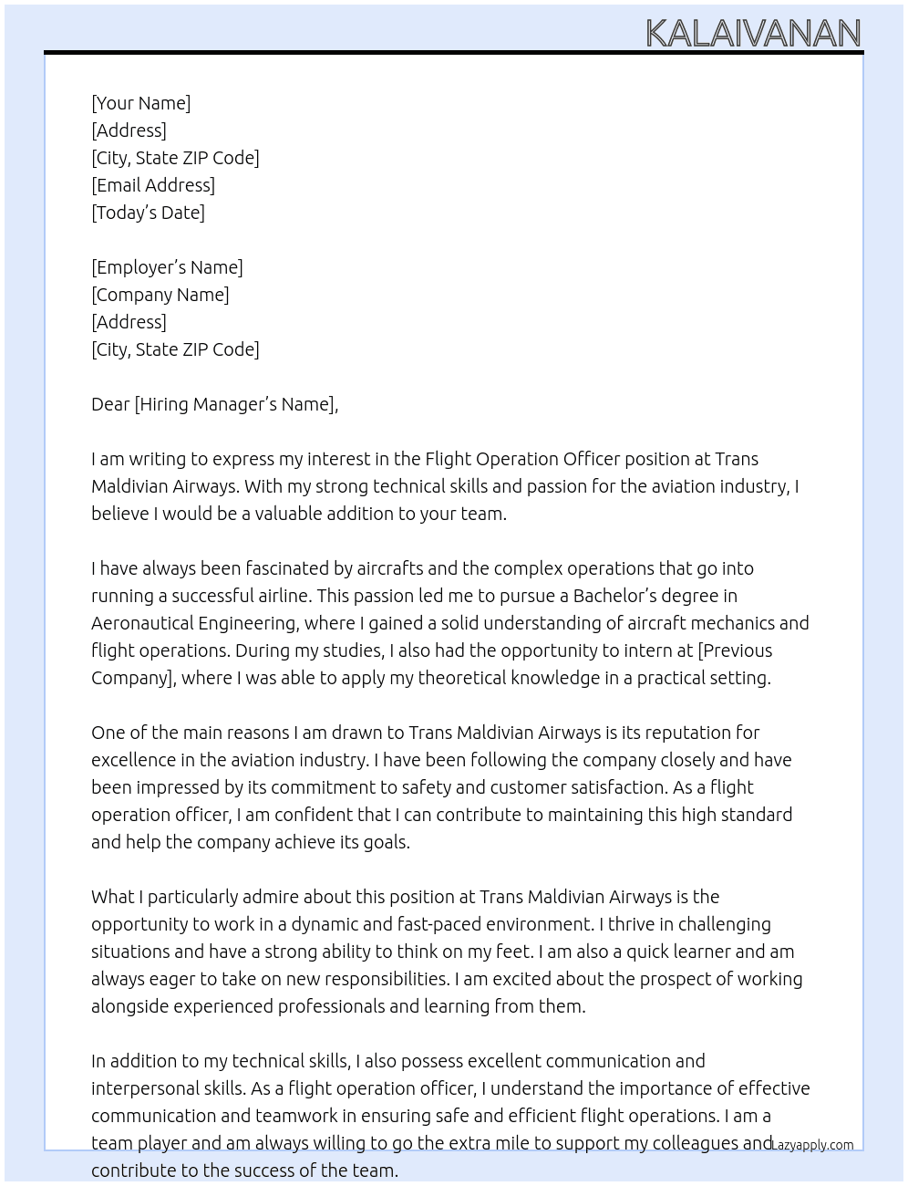 Flight operation officer At Trans maldivian airways Cover Letter