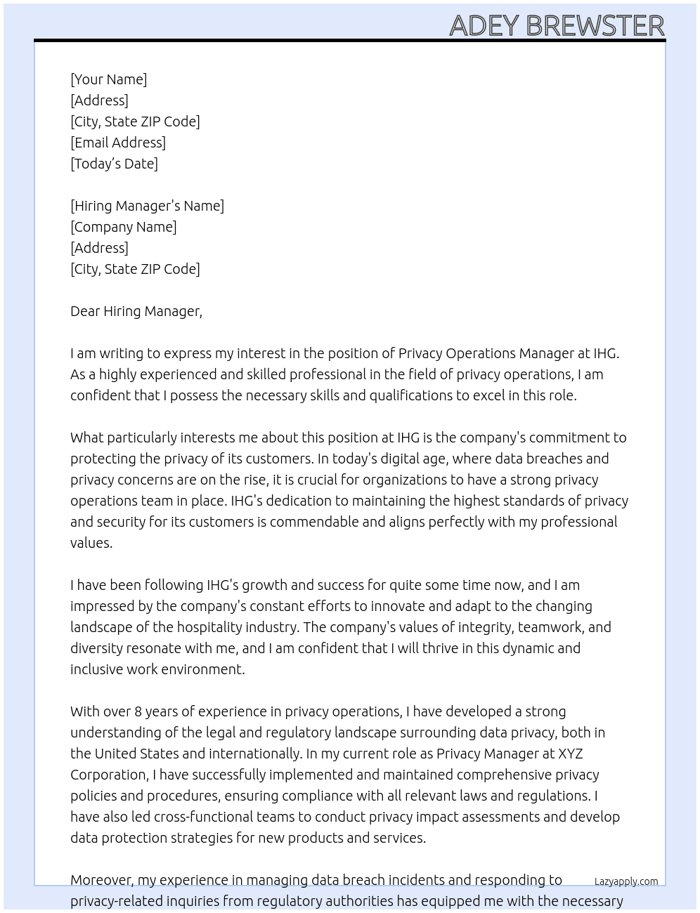 Privacy Operations Manager At IHG Cover Letter