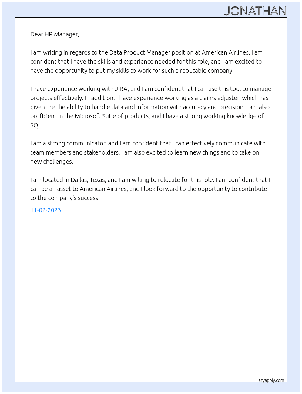 Cover letter for data product manager - LazyApply