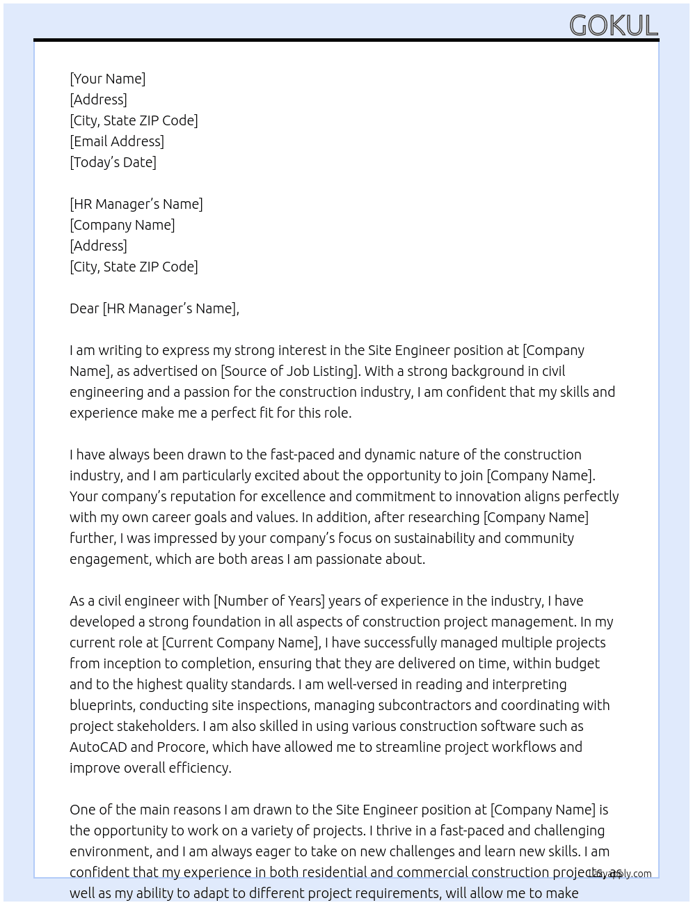SITE ENGINEER At CONSTRUCTION Cover Letter