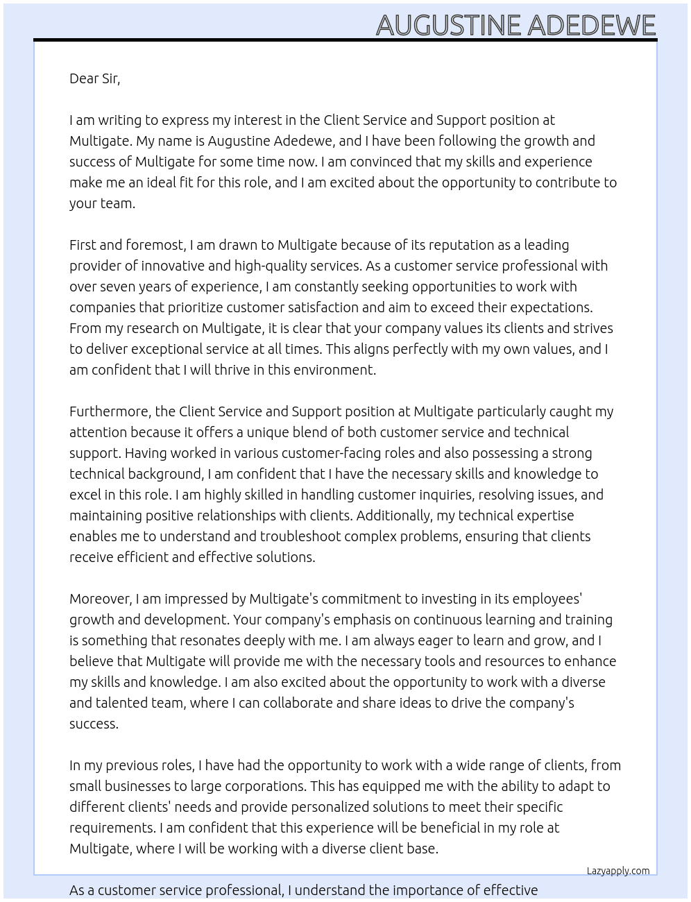 Client Service and Support At Multigate Cover Letter
