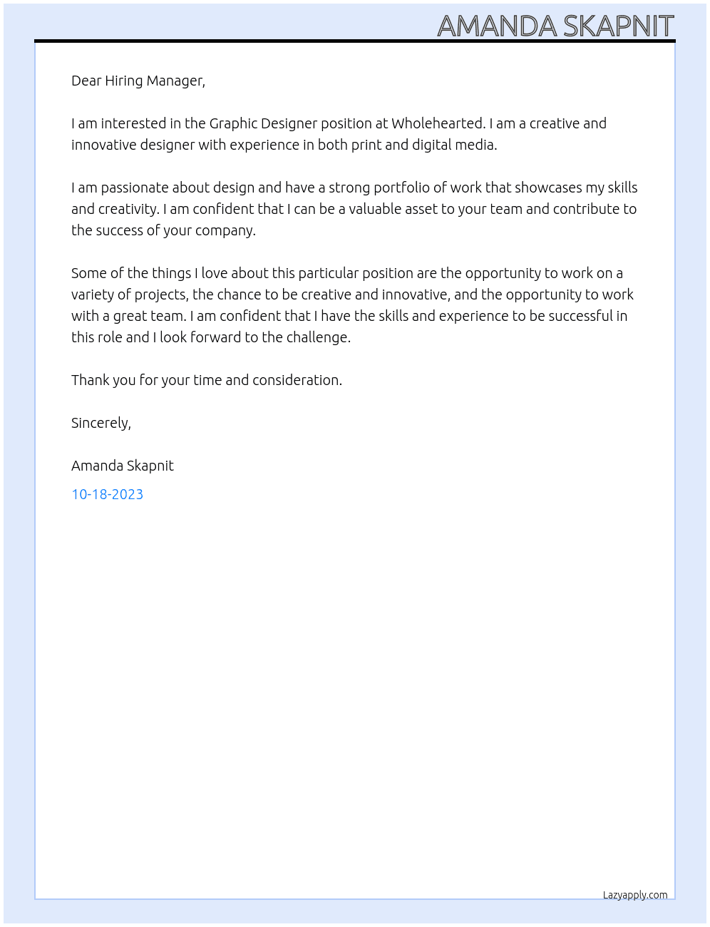 Graphic Designer At Wholehearted Cover Letter