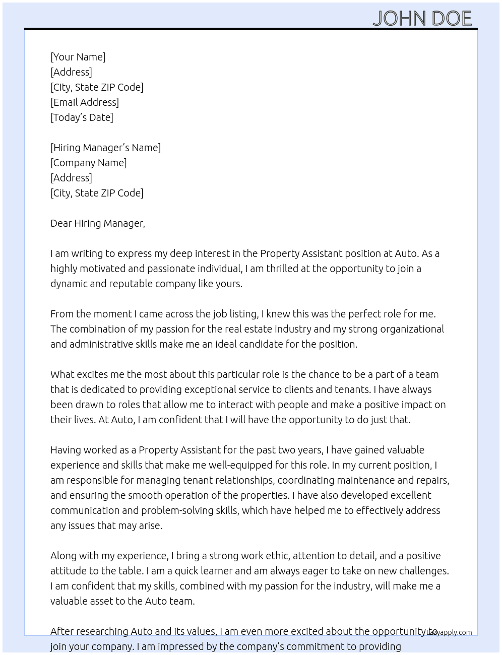Property Assistant  At Auto  Cover Letter