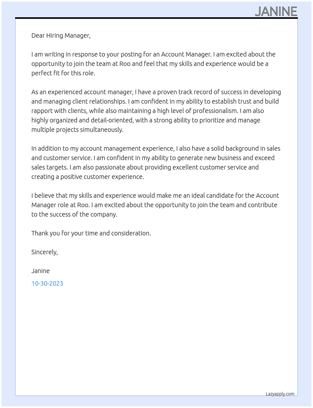 Account Manager At Roo Cover Letter