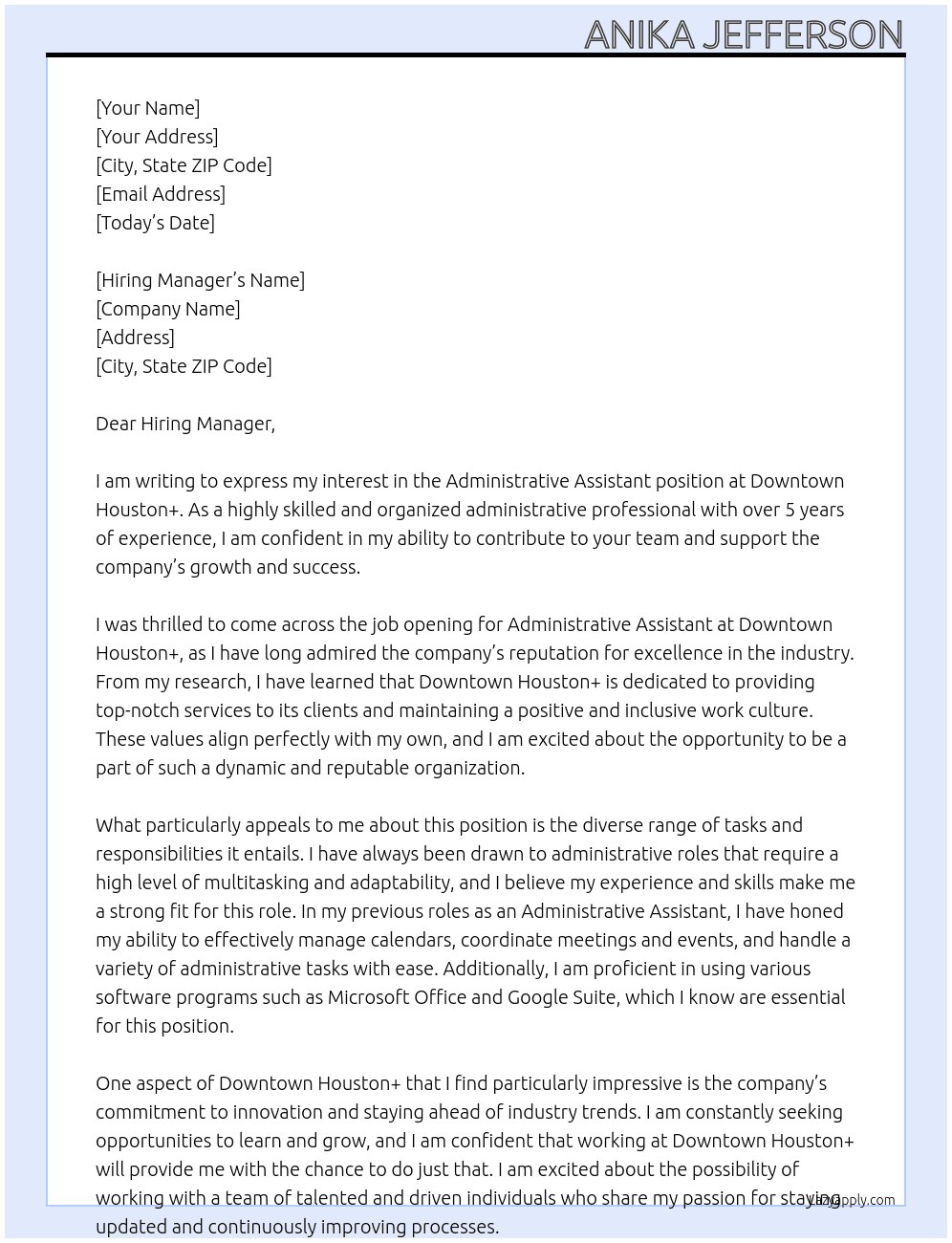 Administrative Assistant At Downtown Houston+ Cover Letter