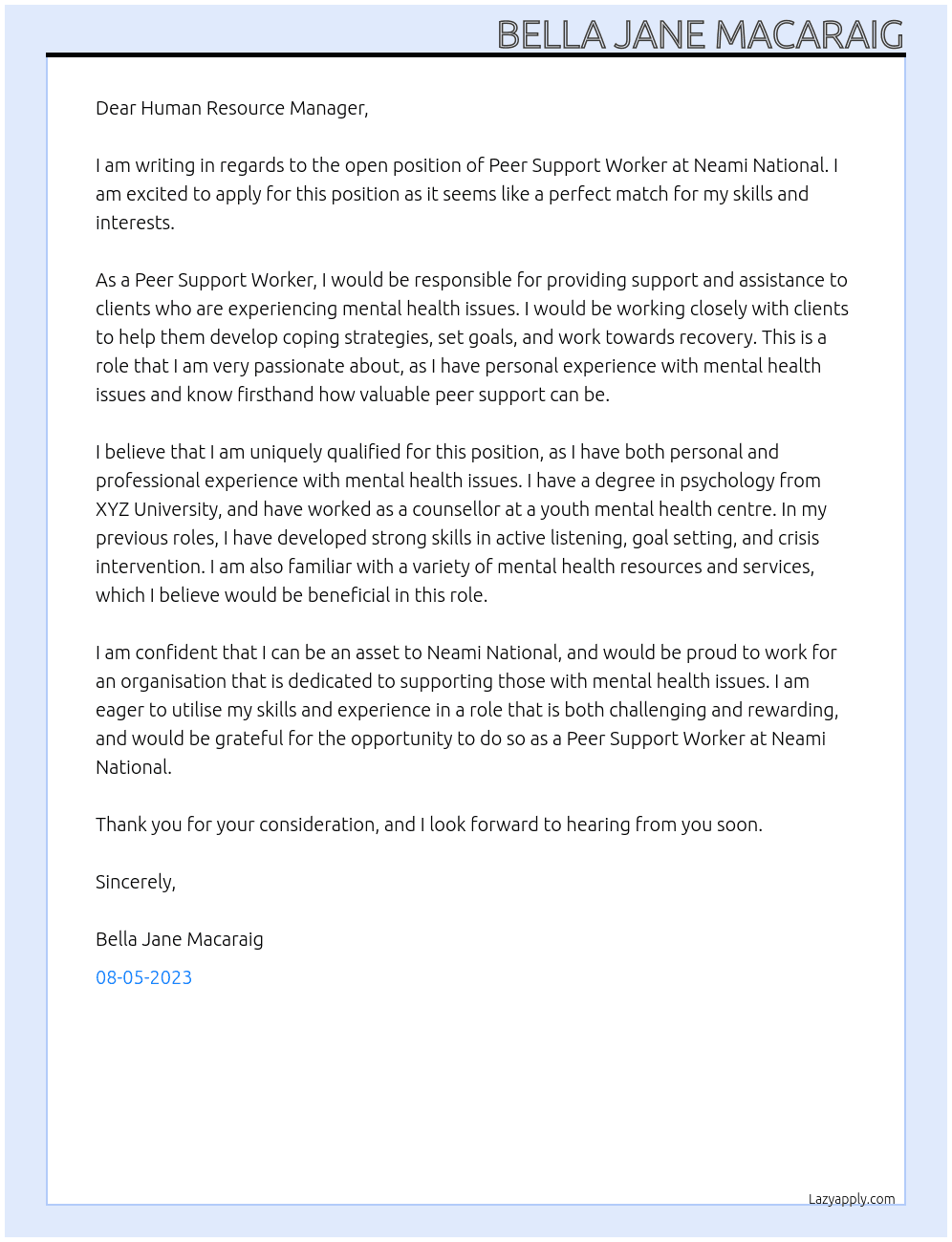 Peer Support Worker At Neami  National Cover Letter