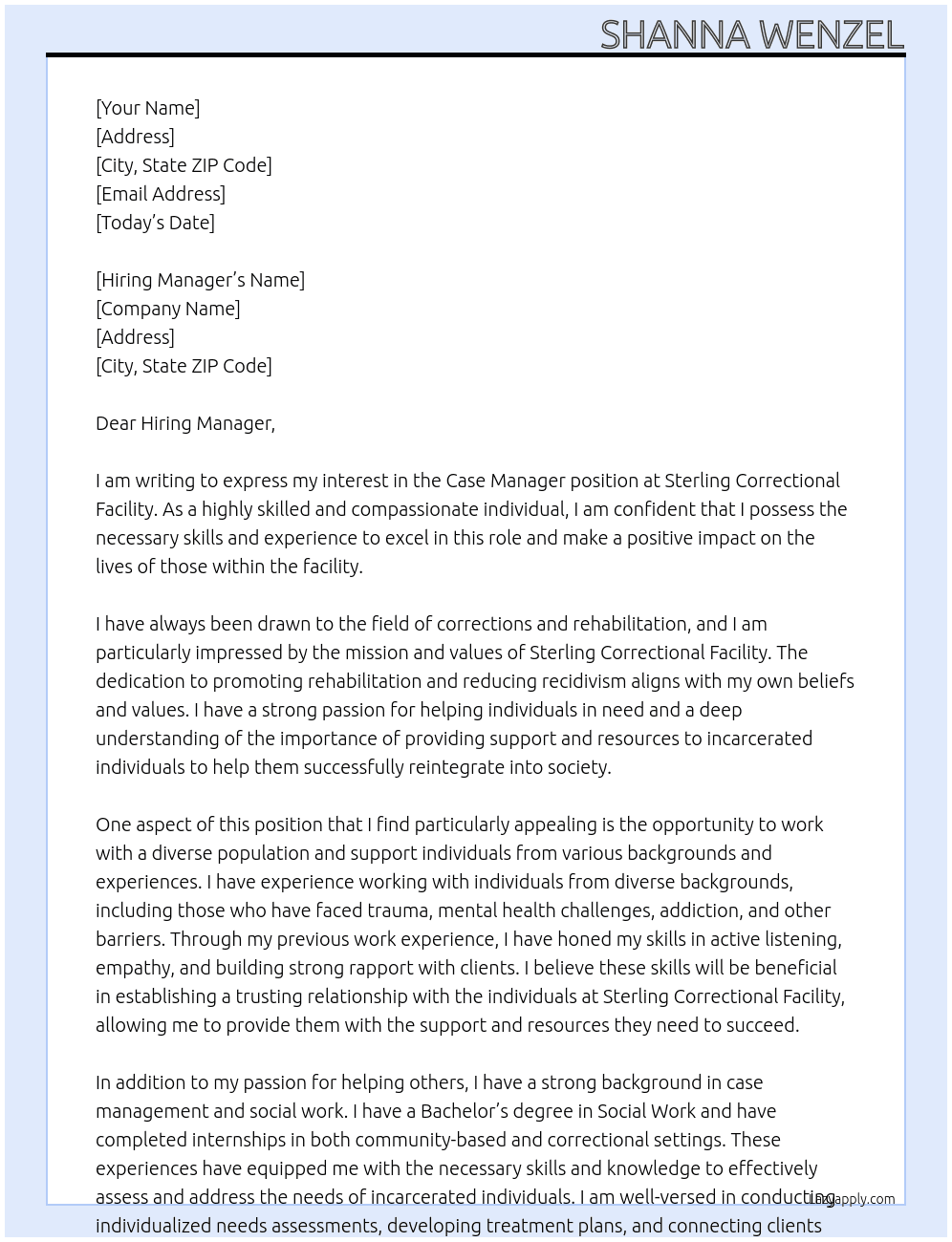 Case Manager At Sterling Correctional Facility Cover Letter