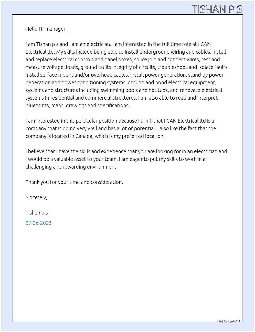 Electrician  At I CAN Electrical ltd Cover Letter