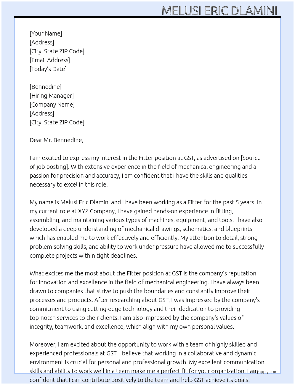 Fitter  At GST  Cover Letter