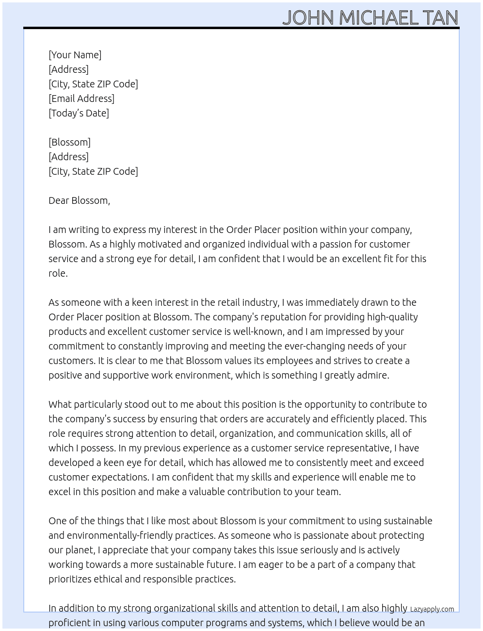 Order Placer At Blossom Cover Letter