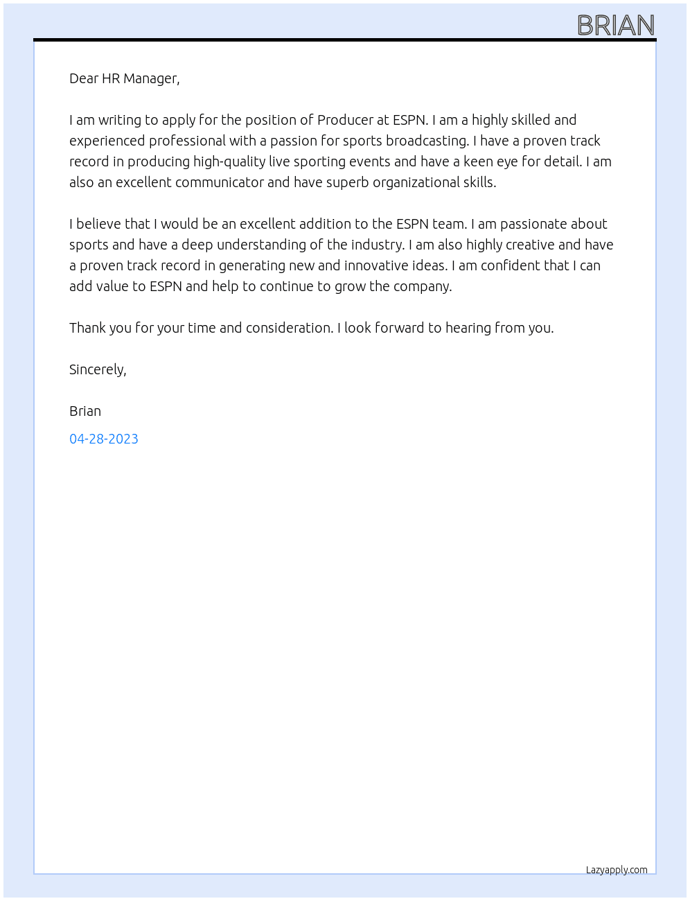 Prodcuer At ESPN Cover Letter