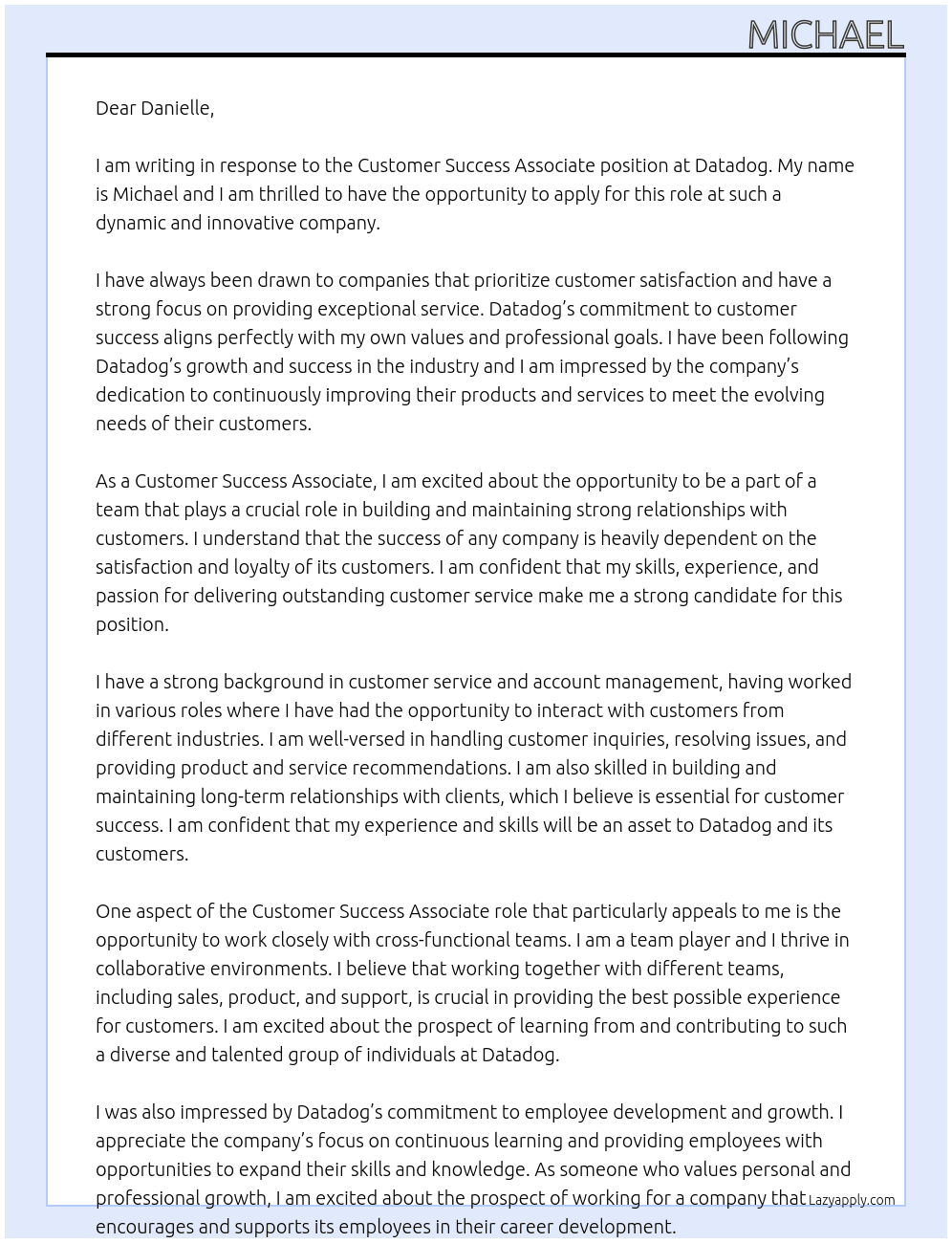 Customer Success Associate At Datadog Cover Letter