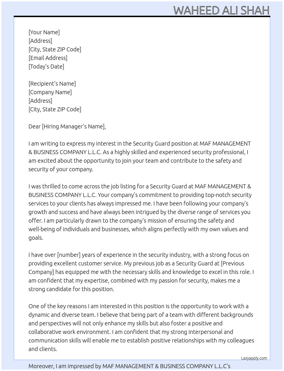 Security Guard At MAF MANAGEMENT & BUSINESS COMPANY L.L.C Cover Letter