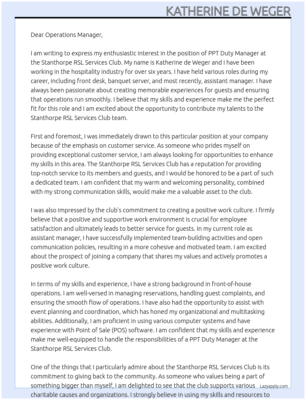 PPT Duty Manager  At Stanthorpe RSL Services Club Cover Letter