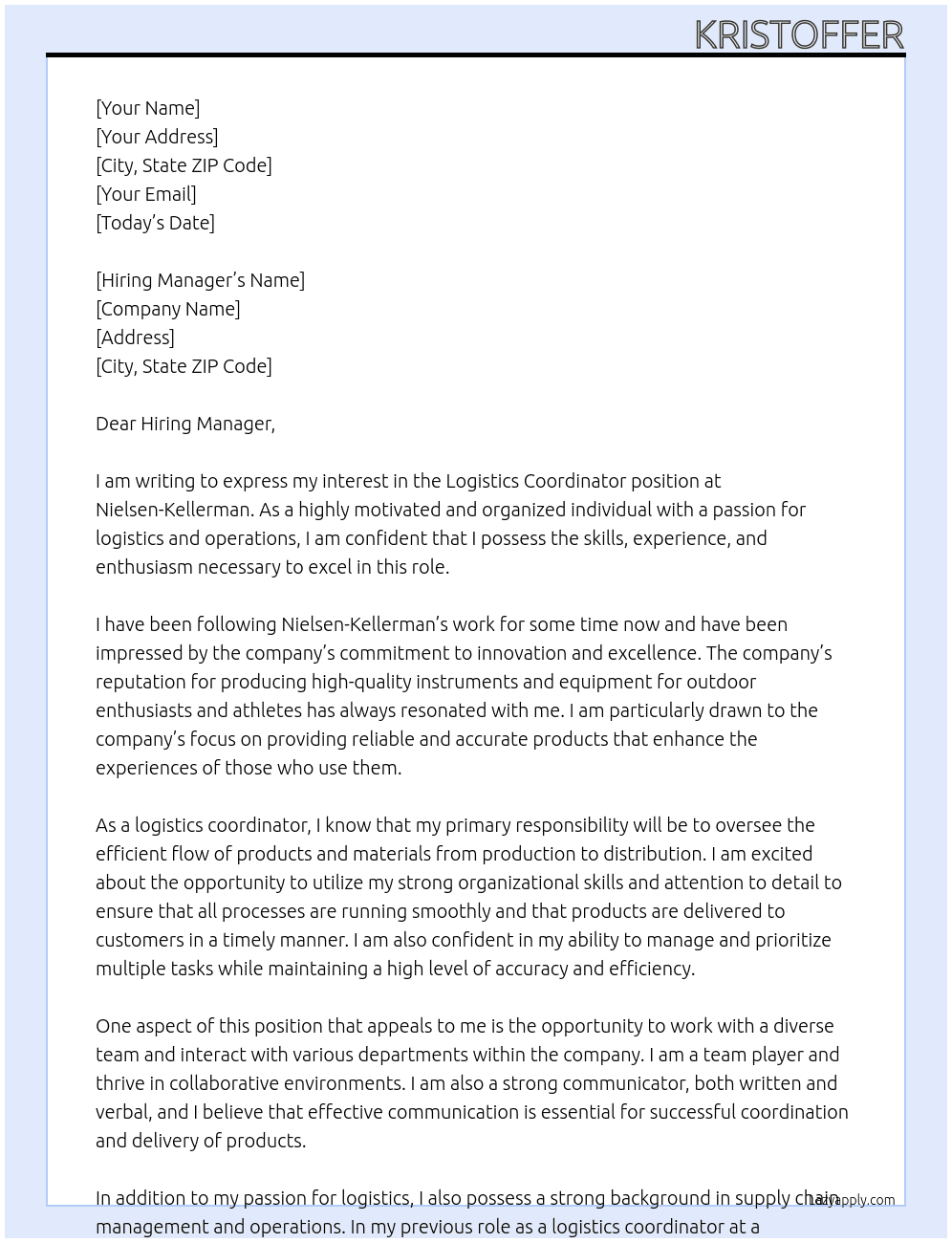 logistics coordinator At Nielsen-Kellerman Cover Letter