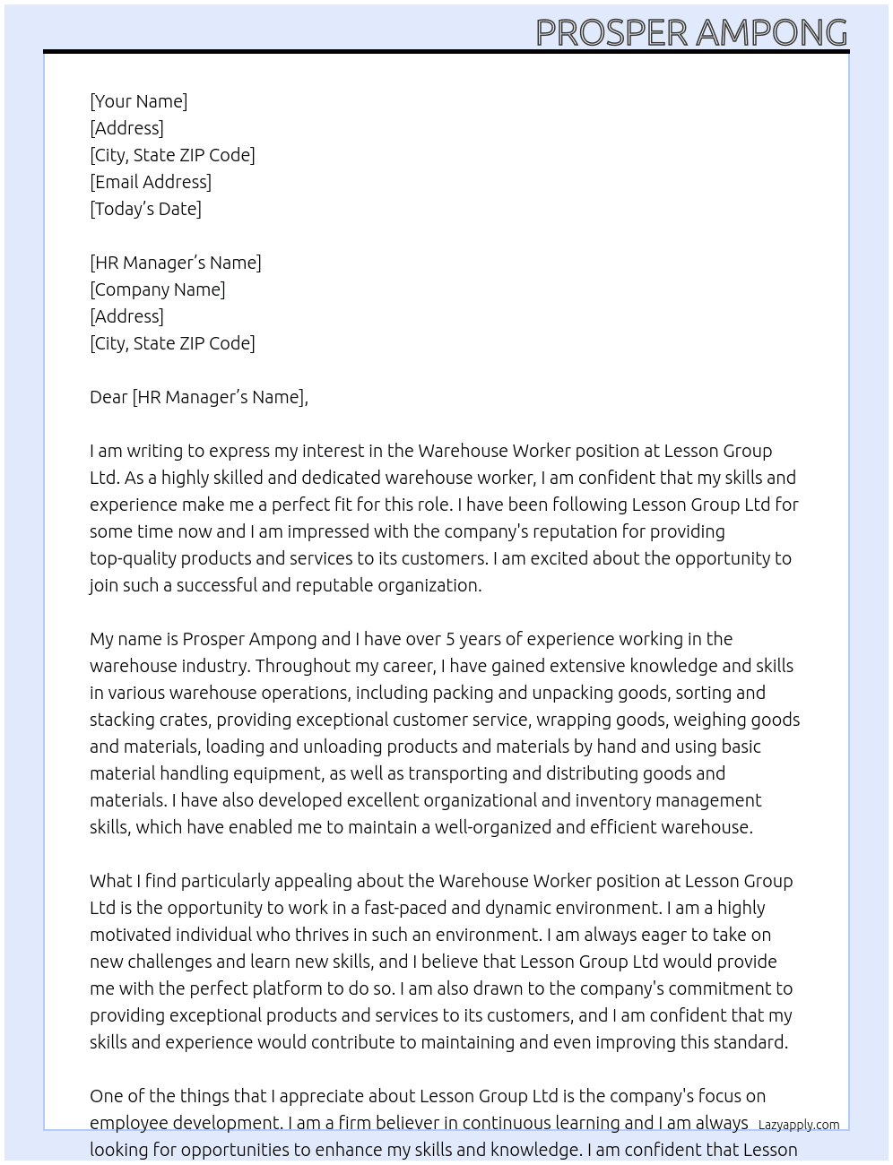 Warehouse Worker At Lesson Group Ltd Cover Letter