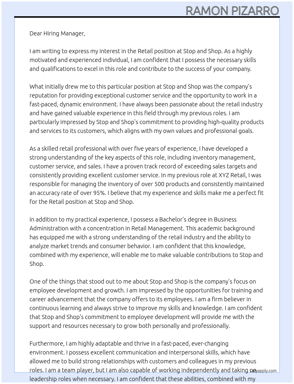 retail At stop and shop  Cover Letter