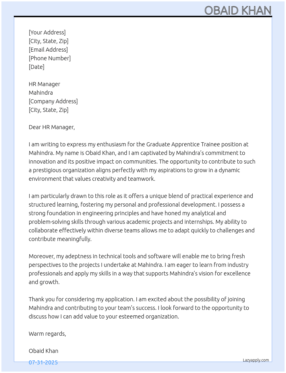 Graduate Apprentice trainee At Mahindra Cover Letter