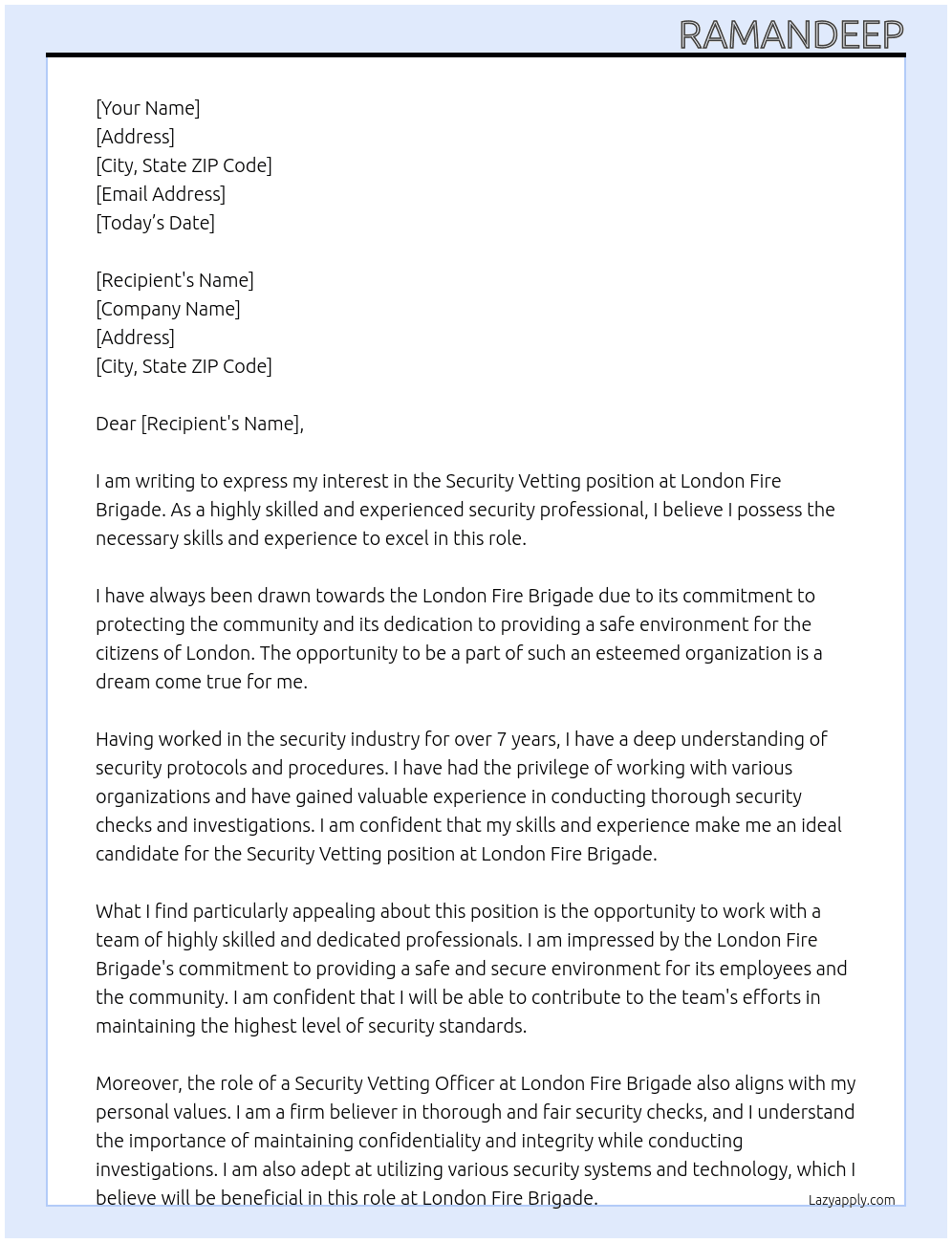 Security vetting At London Fire Brigade Cover Letter