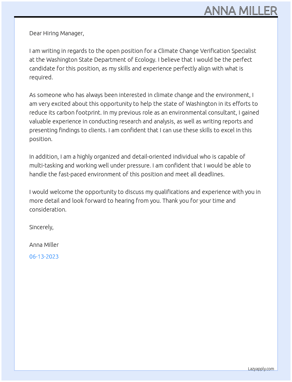 Climate Change Verification Specialist At Washington State Department of Ecology Cover Letter