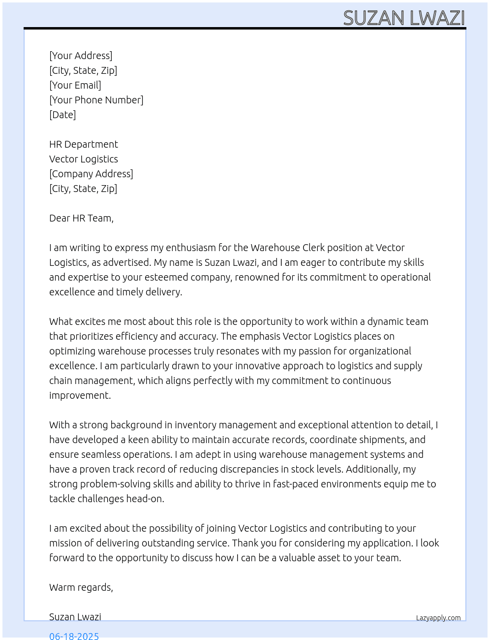 warehouse clerck At vector loguistics Cover Letter