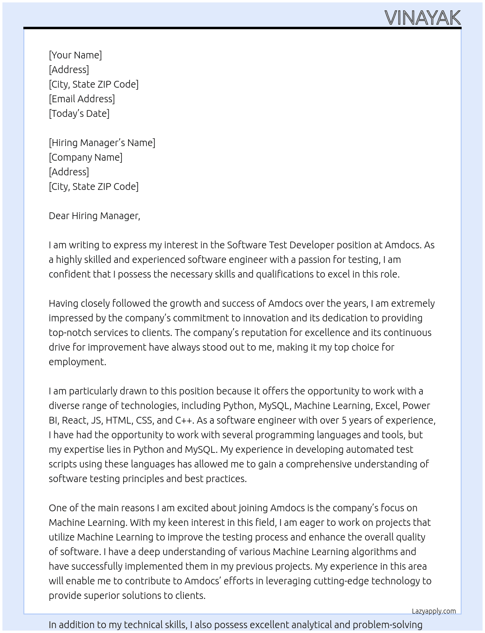 software test developer At amdocs Cover Letter