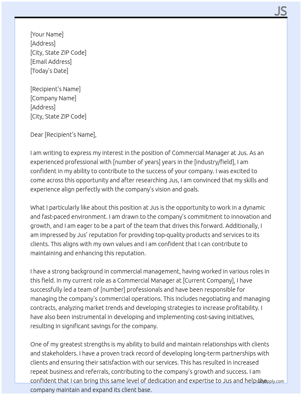 Commercial Manager At Jus Cover Letter