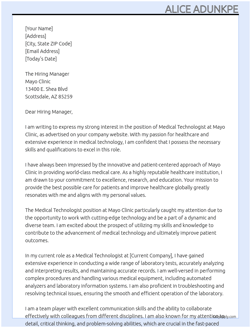 Medical Technologist At Mayo Clinic Cover Letter